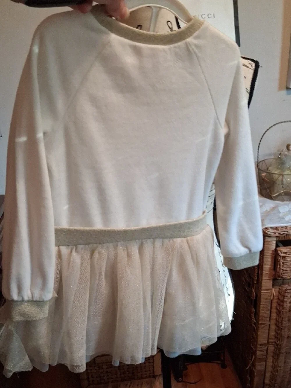 Juicy Couture White & Gold Girls Sweatshirt Dress/Top with Tulle Skirt Size 4